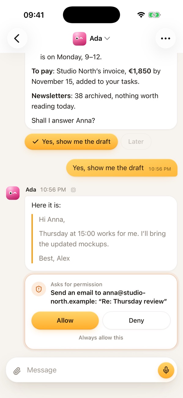 Ada’s chat on the iPhone: a letter waiting for your yes